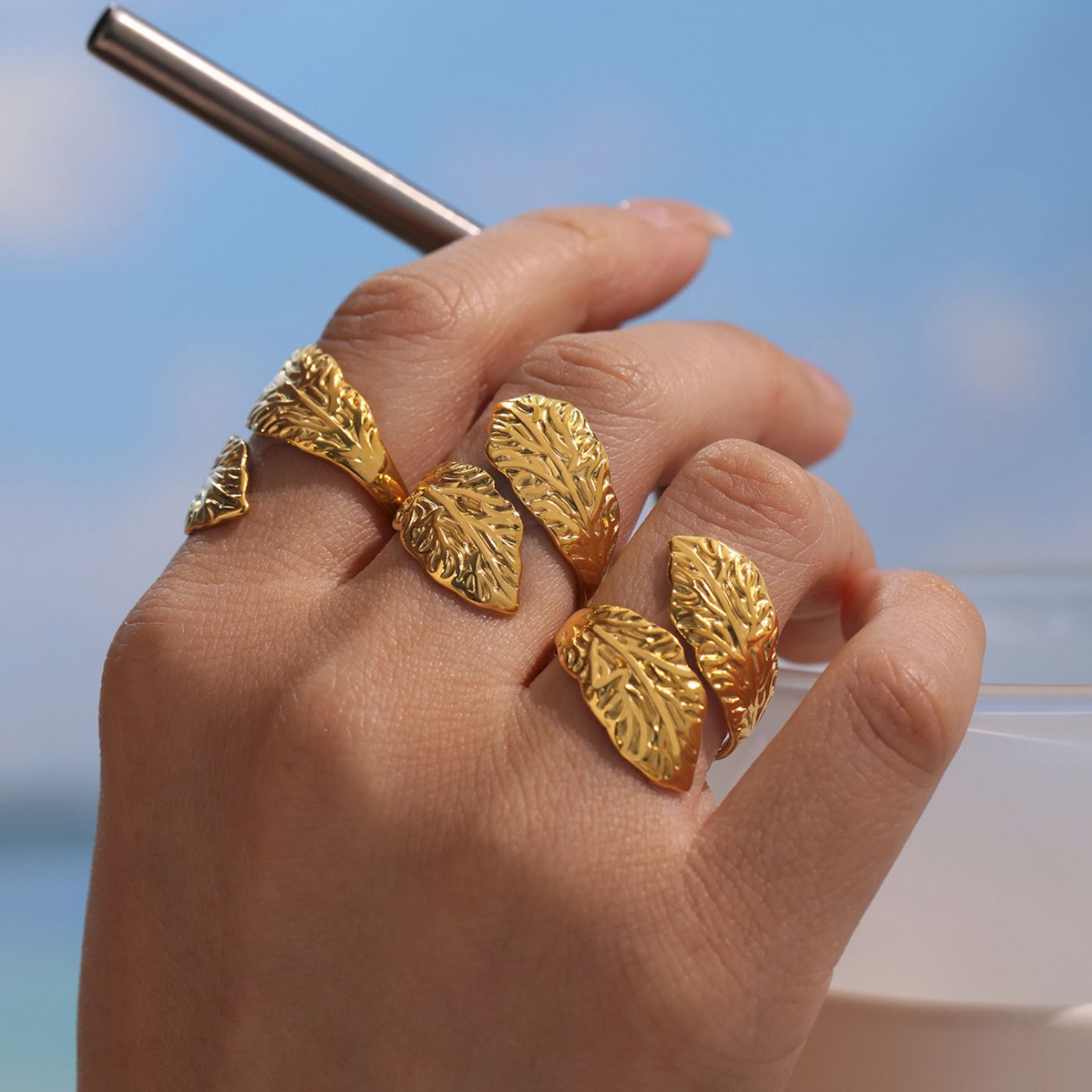 Bague Ouverte Feuille Géométrique Dorée