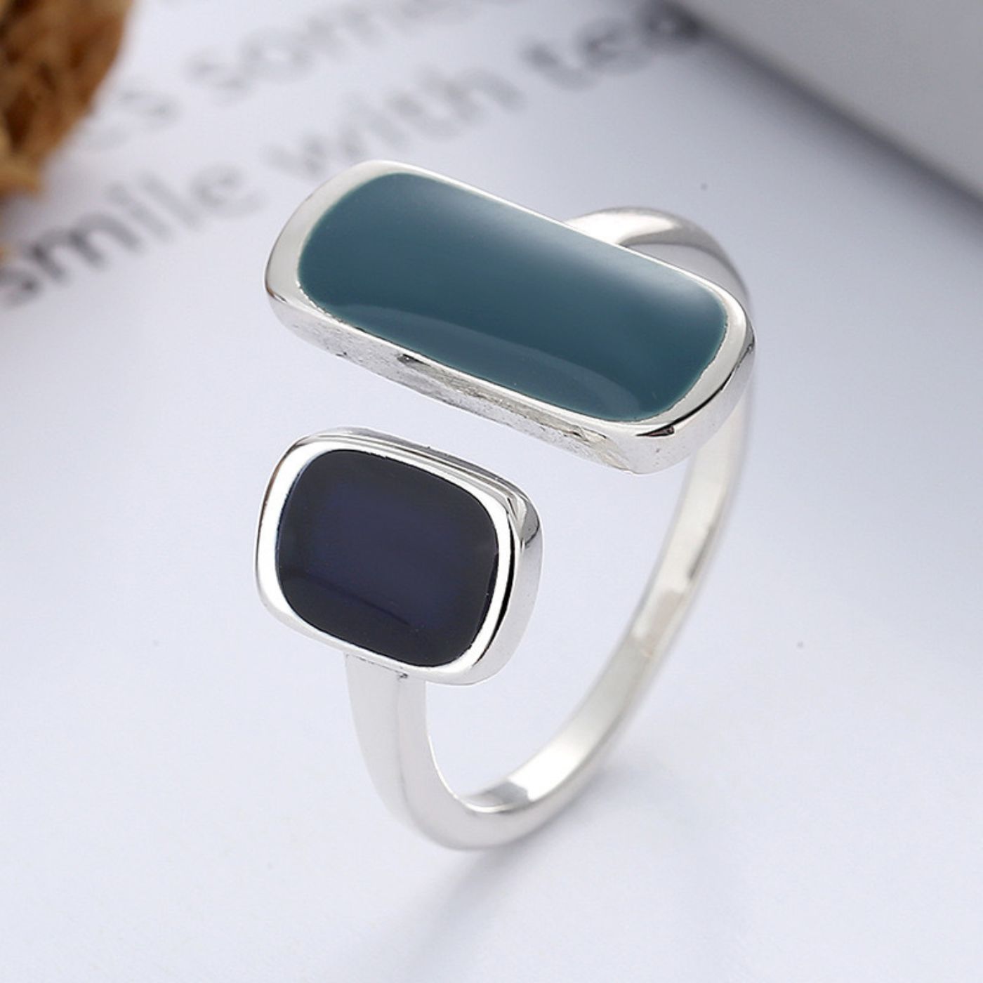 Bague Ouverte Argent Sterling & Résine Bleu-Noir