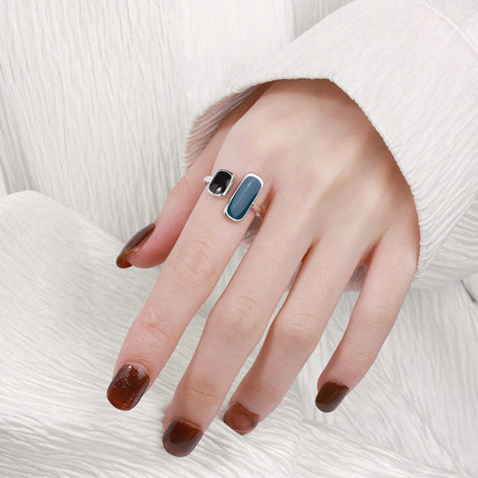 Bague Ouverte Argent Sterling & Résine Bleu-Noir